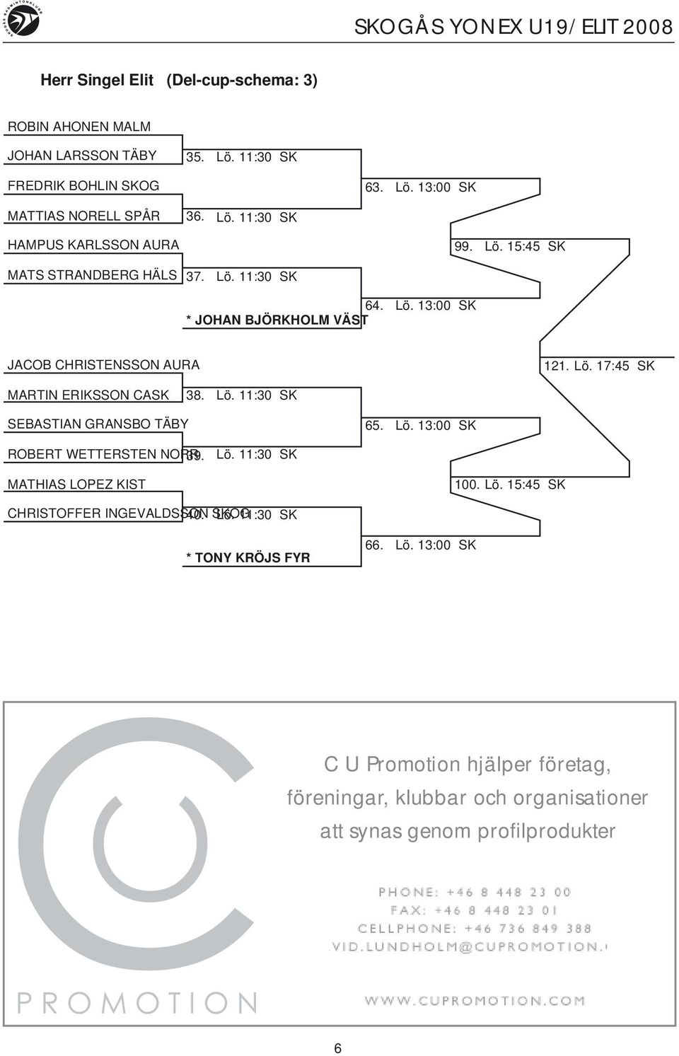 Lö. 11:30 SK SEBASTIAN GRANSBO TÄBY 65. Lö. 13:00 SK ROBERT WETTERSTEN NORR39. Lö. 11:30 SK MATHIAS LOPEZ KIST 100. Lö. 15:45 SK CHRISTOFFER INGEVALDSSON SKOG 40. Lö. 11:30 SK * TONY KRÖJS FYR 66.