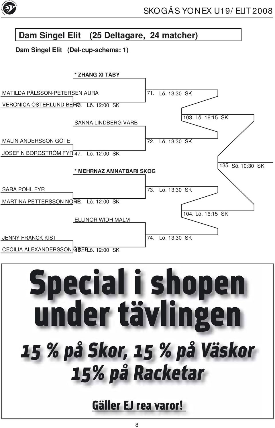 Sö. 10:30 SK SARA POHL FYR 73. Lö. 13:30 SK MARTINA PETTERSSON NORR 48. Lö. 12:00 SK ELLINOR WIDH MALM 104. Lö. 16:15 SK JENNY FRANCK KIST 74. Lö. 13:30 SK CECILIA ALEXANDERSSON ÖREB 49.