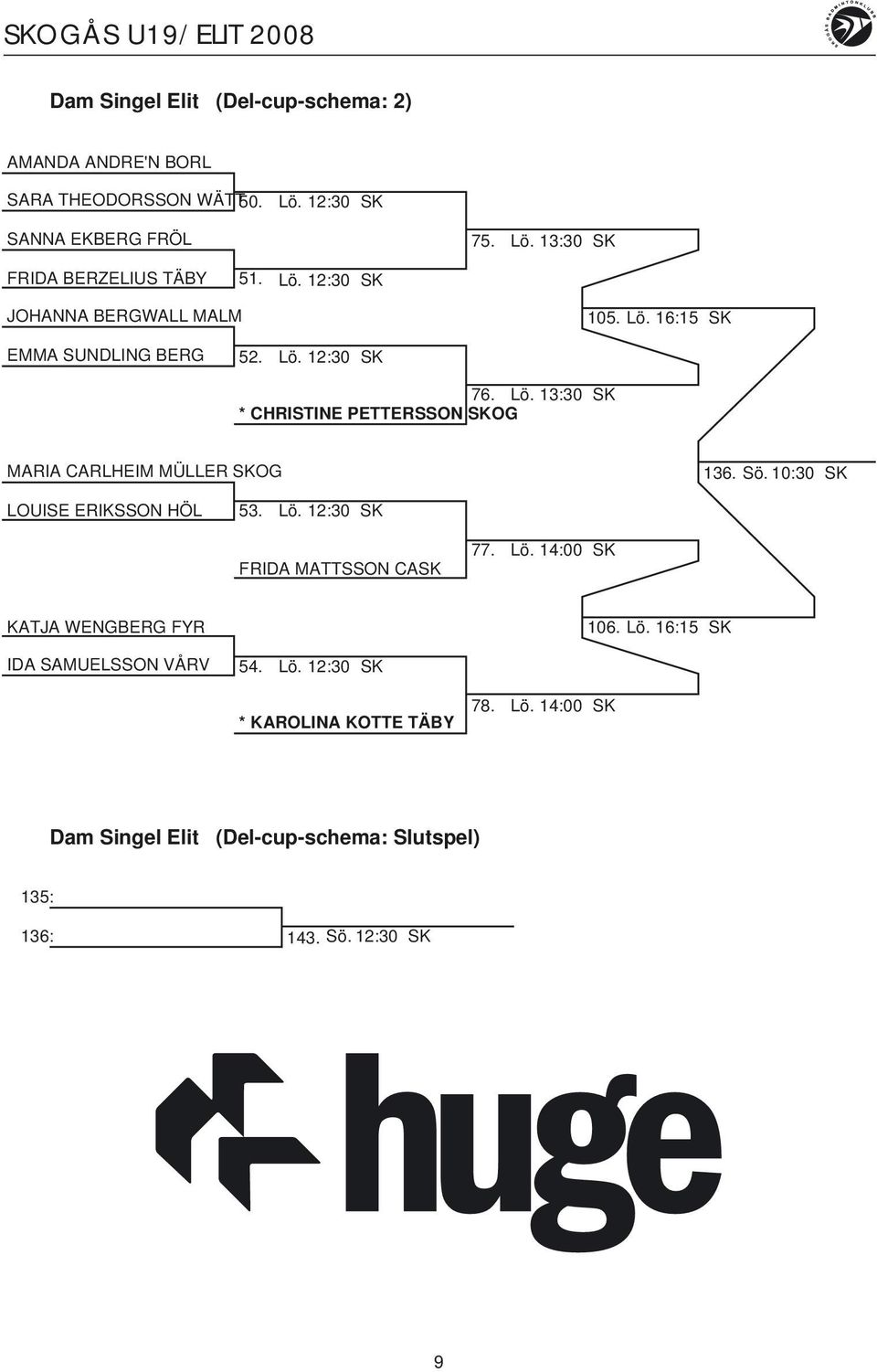Sö. 10:30 SK LOUISE ERIKSSON HÖL 53. Lö. 12:30 SK FRIDA MATTSSON CASK 77. Lö. 14:00 SK KATJA WENGBERG FYR 106. Lö. 16:15 SK IDA SAMUELSSON VÅRV 54. Lö. 12:30 SK * KAROLINA KOTTE TÄBY 78.
