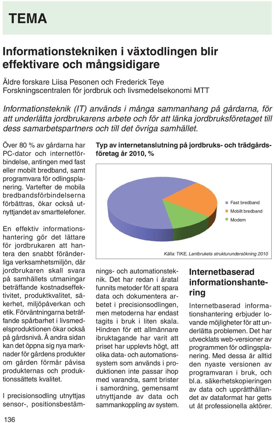 Över 80 % av gårdarna har PC-dator och internetförbindelse, antingen med fast eller mobilt bredband, samt programvara för odlingsplanering.