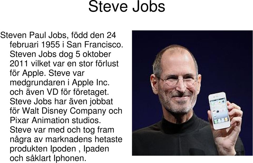 Steve var medgrundaren i Apple Inc. och även VD för företaget.