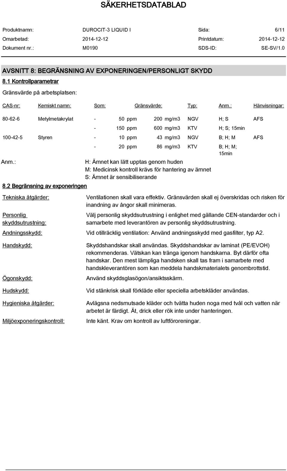 -62-6 Metylmetakrylat - 50 ppm 200 mg/m3 NGV H; S AFS - 150 ppm 600 mg/m3 KTV H; S; 15min 100-42-5 Styren - 10 ppm 43 mg/m3 NGV B; H; M AFS Anm.: 8.