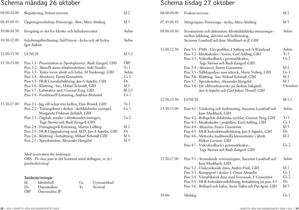 00 Invigning av det 6:e Idrotts- och hälsokonventet Inledningsföreläsning: SjälFörsvar - lycka och att lyckas Igor Ardoris LUNCH Pass 1:1 - Presentation av Sportsplanner, Rudi Zangerl, GIH Pass 1:2 -