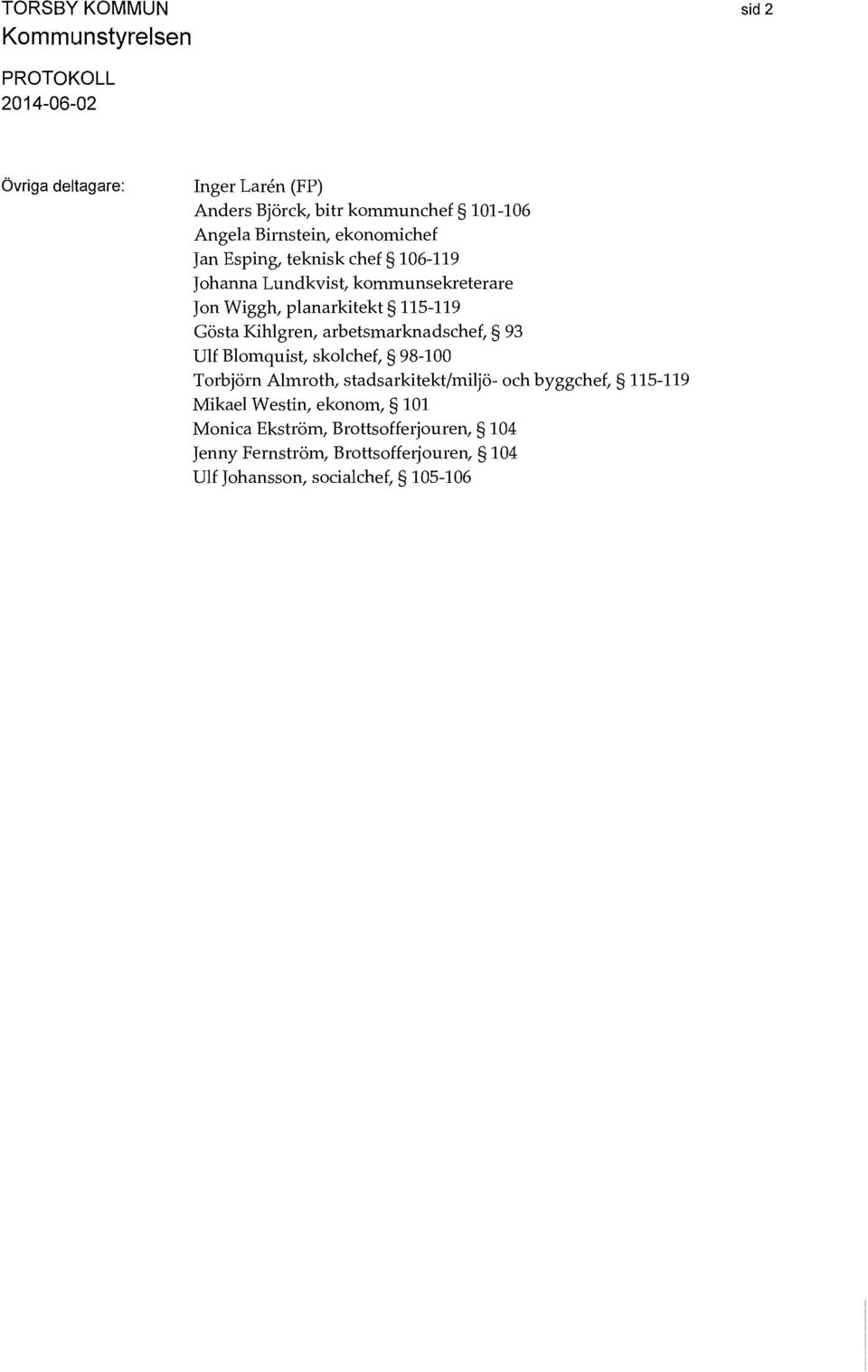 arbetsmarknadschef, 93 Ulf Blomquist, skolchef, 98-100 Torbjörn Almroth, stadsarkitekt/miljö- och byggchef, 115-119 Mikael