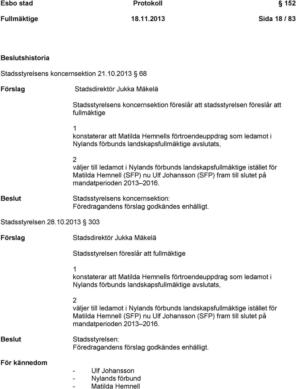 förbunds landskapsfullmäktige avslutats, 2 väljer till ledamot i Nylands förbunds landskapsfullmäktige istället för Matilda Hemnell (SFP) nu Ulf Johansson (SFP) fram till slutet på mandatperioden