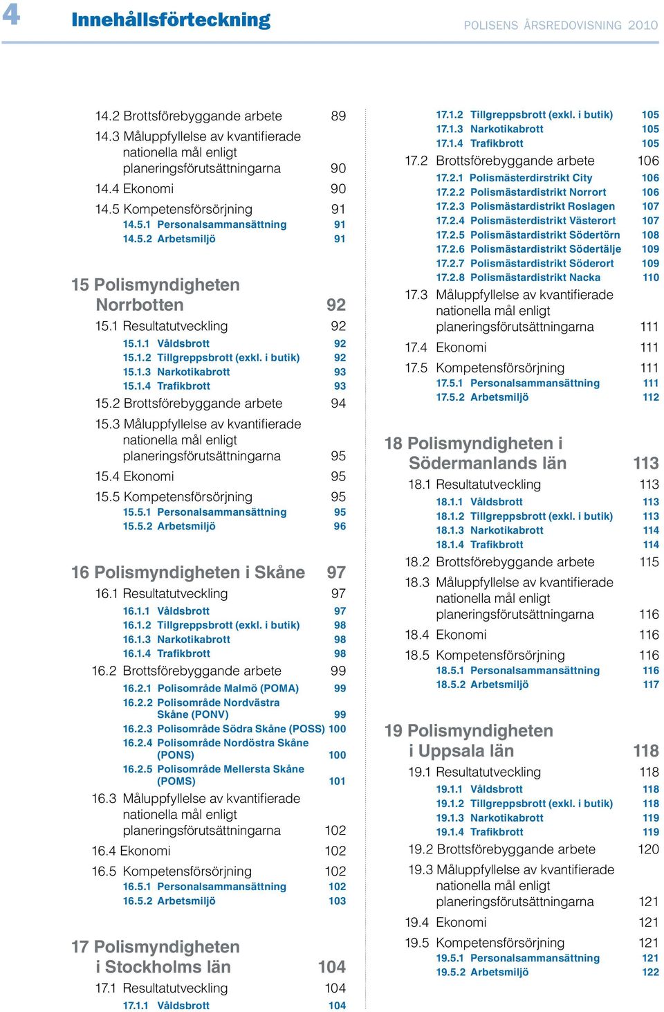 i butik) 92 15.1.3 Narkotikabrott 93 15.1.4 Trafikbrott 93 15.2 Brottsförebyggande arbete 94 15.3 Måluppfyllelse av kvantifierade nationella mål enligt planeringsförutsättningarna 95 15.