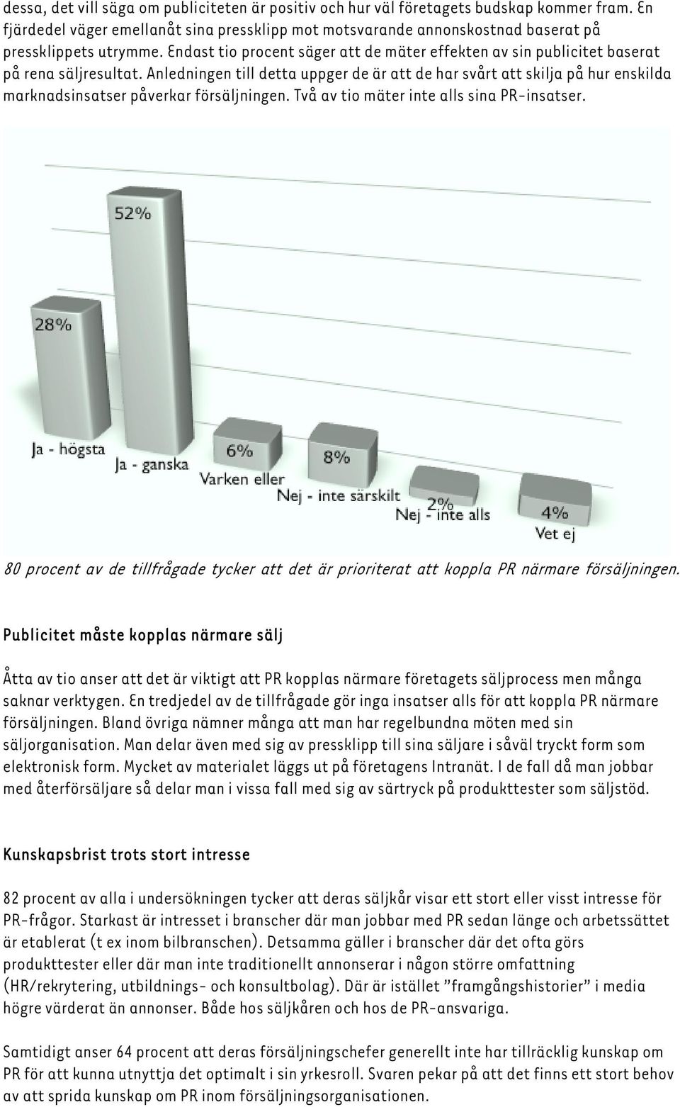 Anledningen till detta uppger de är att de har svårt att skilja på hur enskilda marknadsinsatser påverkar försäljningen. Två av tio mäter inte alls sina PR-insatser.