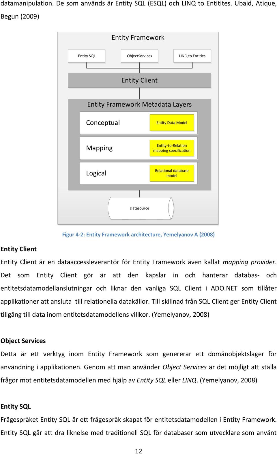 specification Logical Relational database model Datasource Figur 4-2: Entity Framework architecture, Yemelyanov A (2008) Entity Client Entity Client är en dataaccessleverantör för Entity Framework