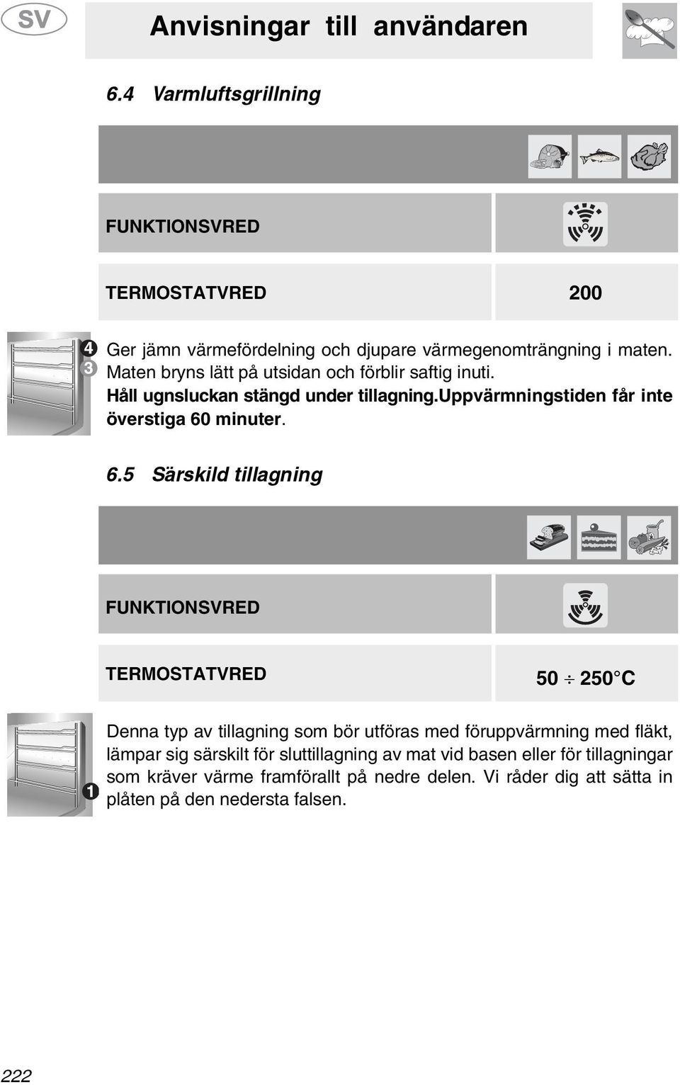 6.5 Särskild tillagning FUNKTIONSVRED TERMOSTATVRED 50 50 C Denna typ av tillagning som bör utföras med föruppvärmning med fläkt, lämpar sig