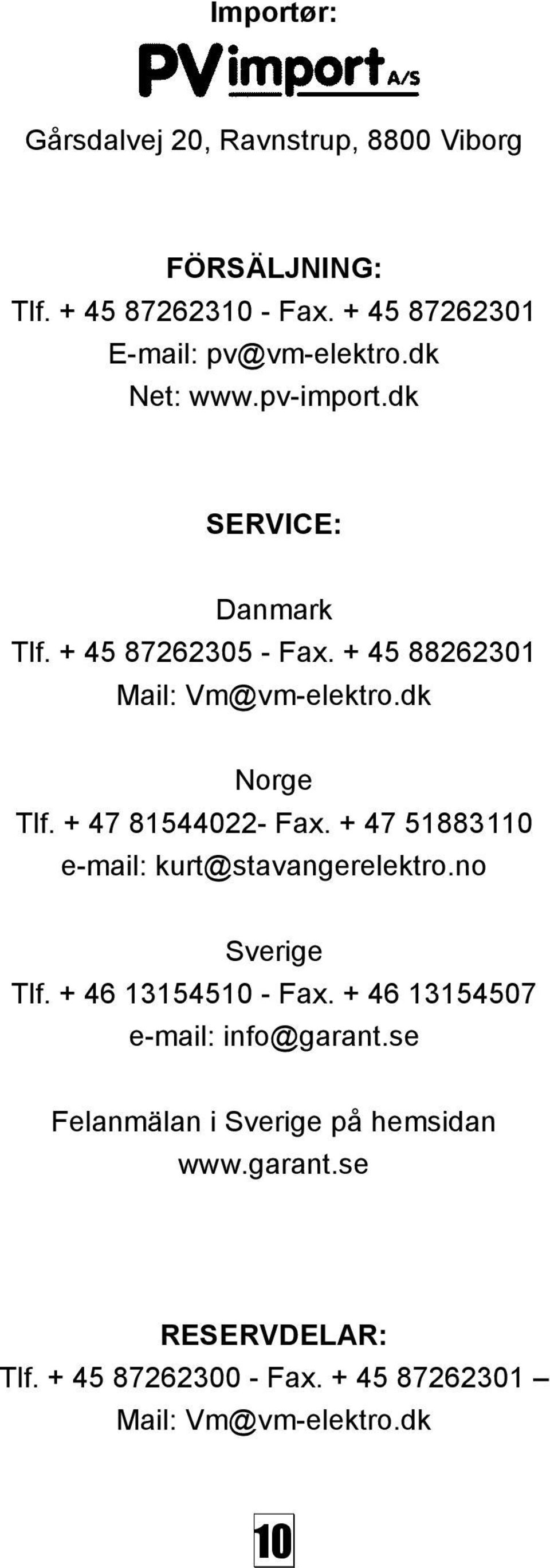 + 47 81544022- Fax. + 47 51883110 e-mail: kurt@stavangerelektro.no Sverige Tlf. + 46 13154510 - Fax.