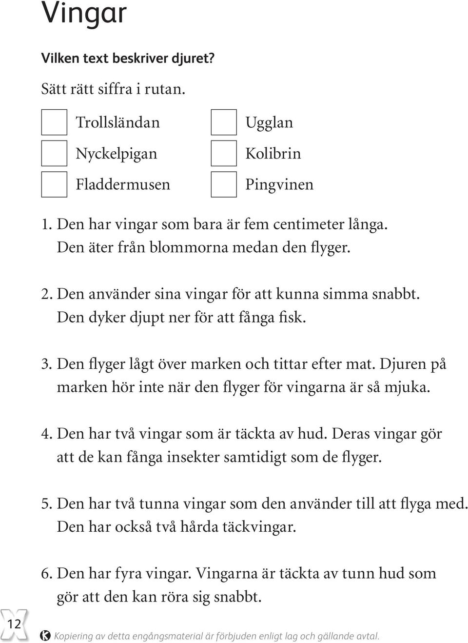 Den flyger lågt över marken och tittar efter mat. Djuren på marken hör inte när den flyger för vingarna är så mjuka. 4. Den har två vingar som är täckta av hud.