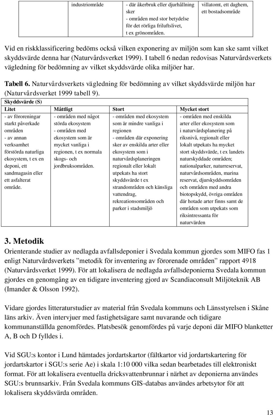 I tabell 6 nedan redovisas Naturvårdsverkets vägledning för bedömning av vilket skyddsvärde olika miljöer har. Tabell 6.