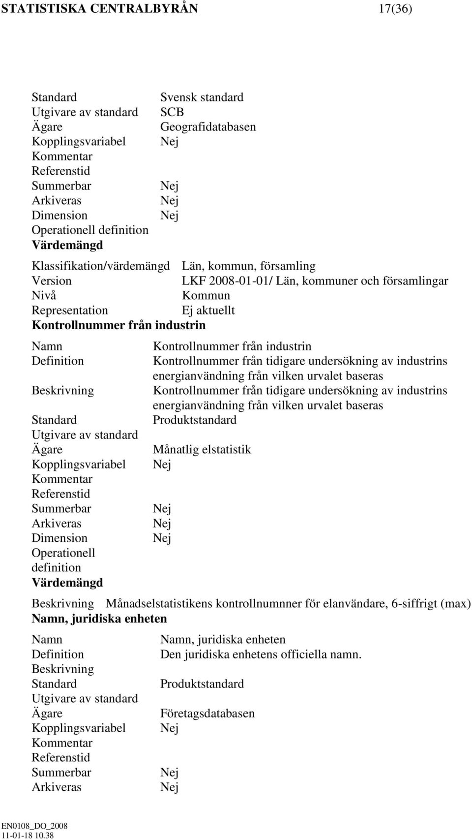 Definition Standard Utgivare av standard Ägare Kopplingsvariabel Kommentar Referenstid Summerbar Arkiveras Dimension Operationell definition Värdemängd Kontrollnummer från industrin Kontrollnummer