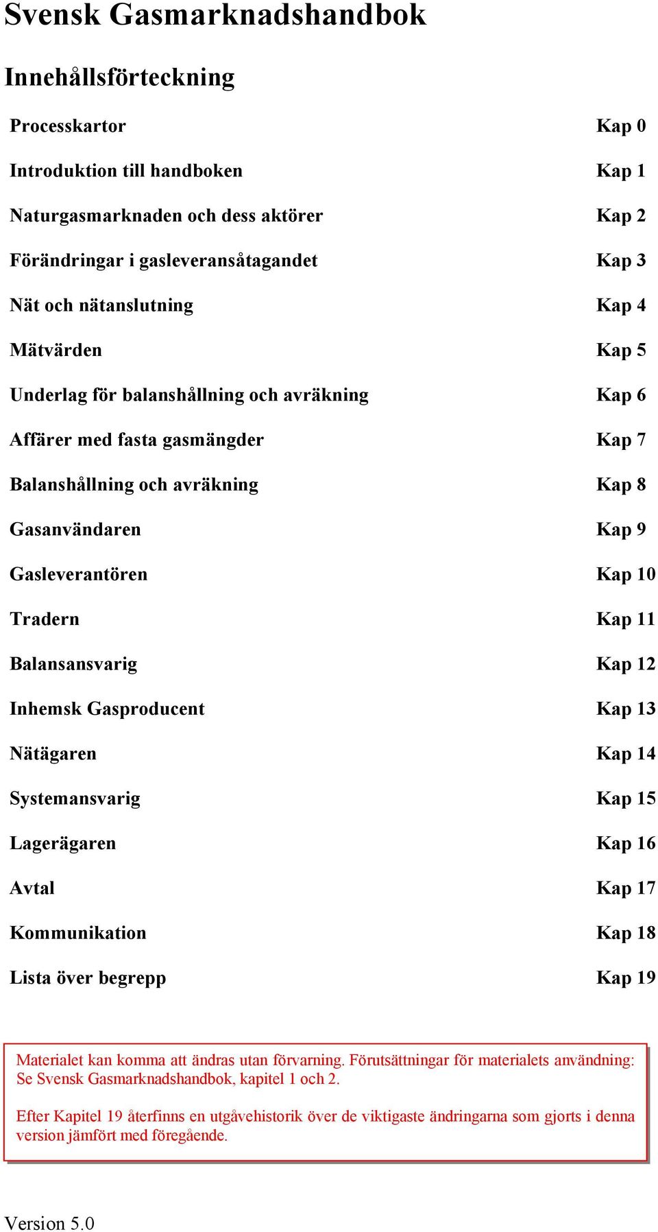 Inhemsk Gasproducent Kap 13 Nätägaren Kap 14 Systemansvarig Kap 15 Lagerägaren Kap 16 Avtal Kap 17 Kommunikation Kap 18 Lista över begrepp Kap 19 Materialet kan komma att ändras utan förvarning.