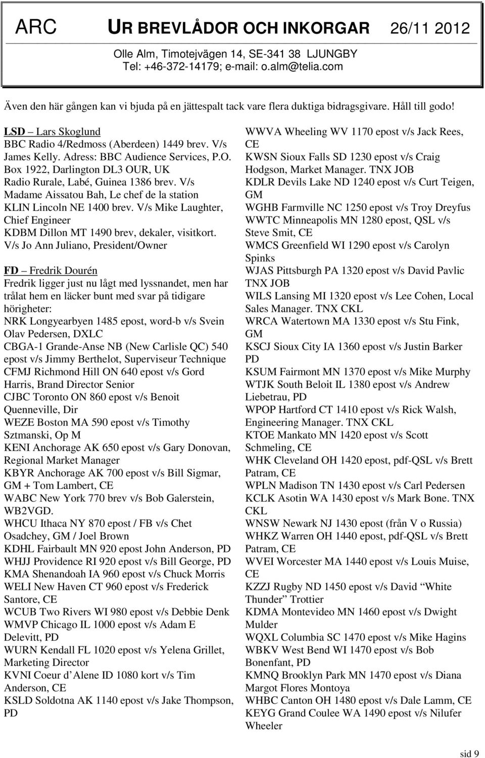 Adress: BBC Audience Services, P.O. Box 1922, Darlington DL3 OUR, UK Radio Rurale, Labé, Guinea 1386 brev. V/s Madame Aissatou Bah, Le chef de la station KLIN Lincoln NE 1400 brev.