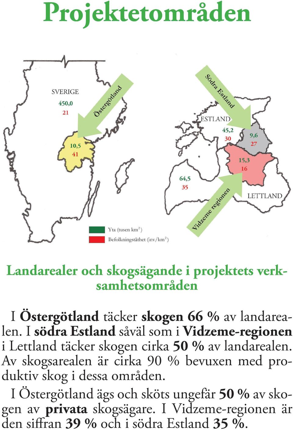 I södra Estland såväl som i Vidzeme-regionen i Lettland täcker skogen cirka 50  Av skogsarealen är cirka 90 %