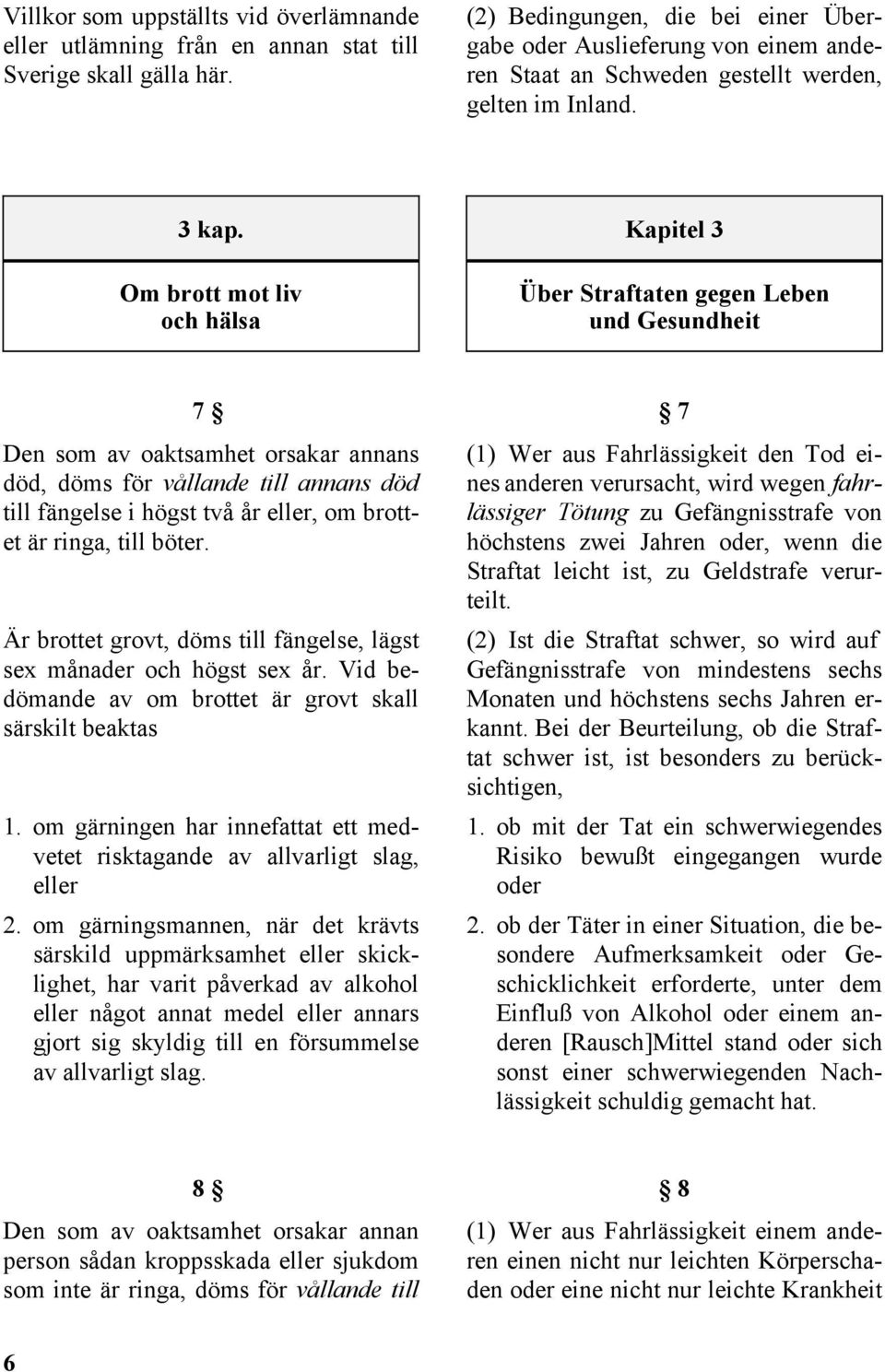 Kapitel 3 Om brott mot liv och hälsa Über Straftaten gegen Leben und Gesundheit 7 Den som av oaktsamhet orsakar annans död, döms för vållande till annans död till fängelse i högst två år eller, om