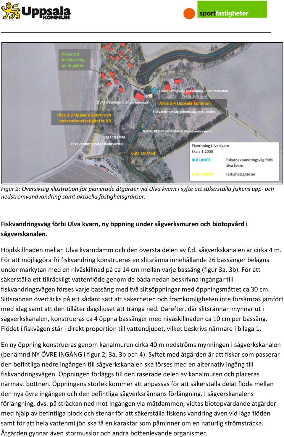 För att möjliggöra fri fiskvandring konstrueras en slitsränna innehållande 26 bassänger belägna under markytan med en nivåskillnad på ca 14 cm mellan varje bassäng (figur 3a, 3b).