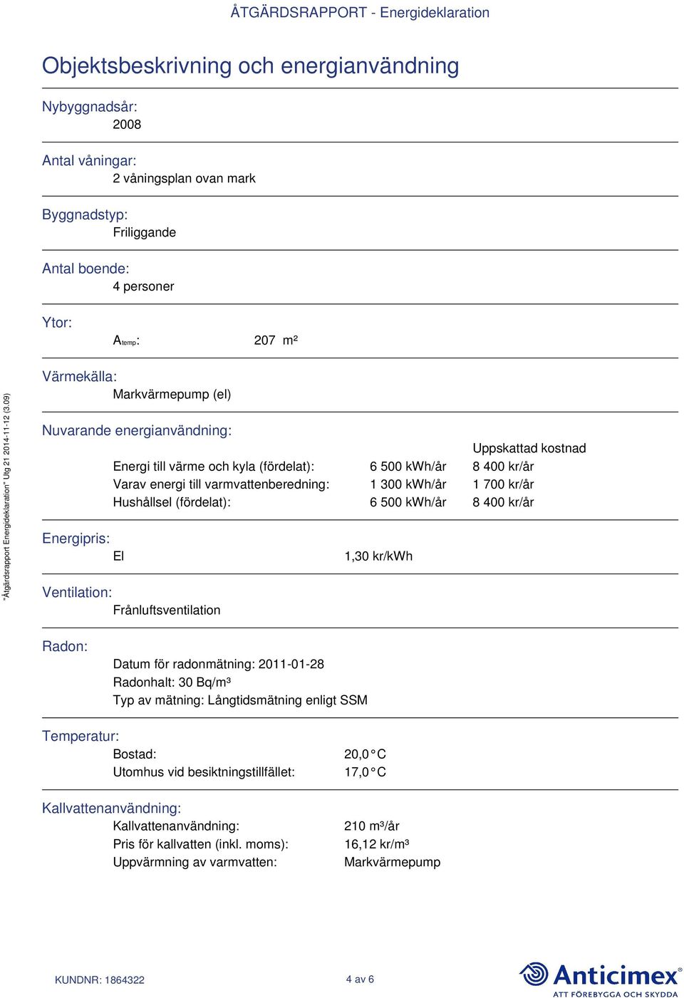 500 kwh/år 8 400 kr/år Energipris: El Ventilation: Frånluftsventilation 1,30 kr/kwh Radon: Datum för radonmätning: 2011-01-28 Radonhalt: 30 Bq/m³ Typ av mätning: Långtidsmätning enligt SSM