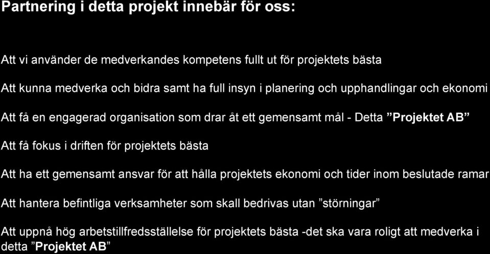 driften för projektets bästa Att ha ett gemensamt ansvar för att hålla projektets ekonomi och tider inom beslutade ramar Att hantera befintliga