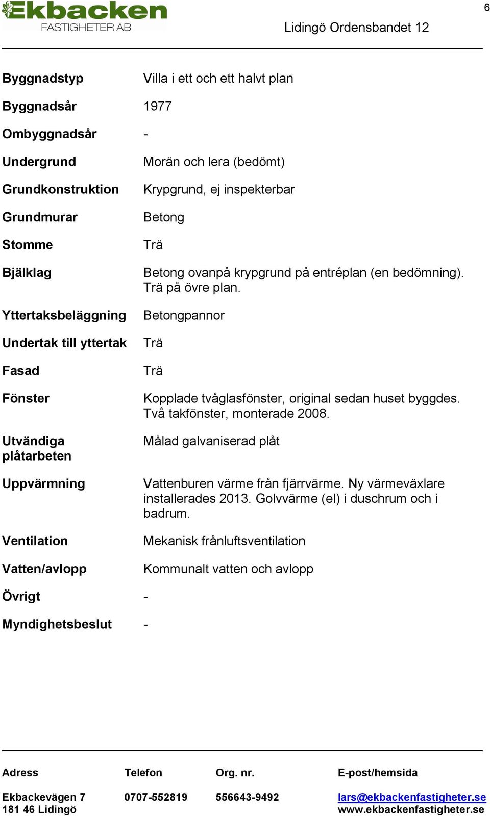 bedömning). Trä på övre plan. Betongpannor Trä Trä Kopplade tvåglasfönster, original sedan huset byggdes. Två takfönster, monterade 2008.