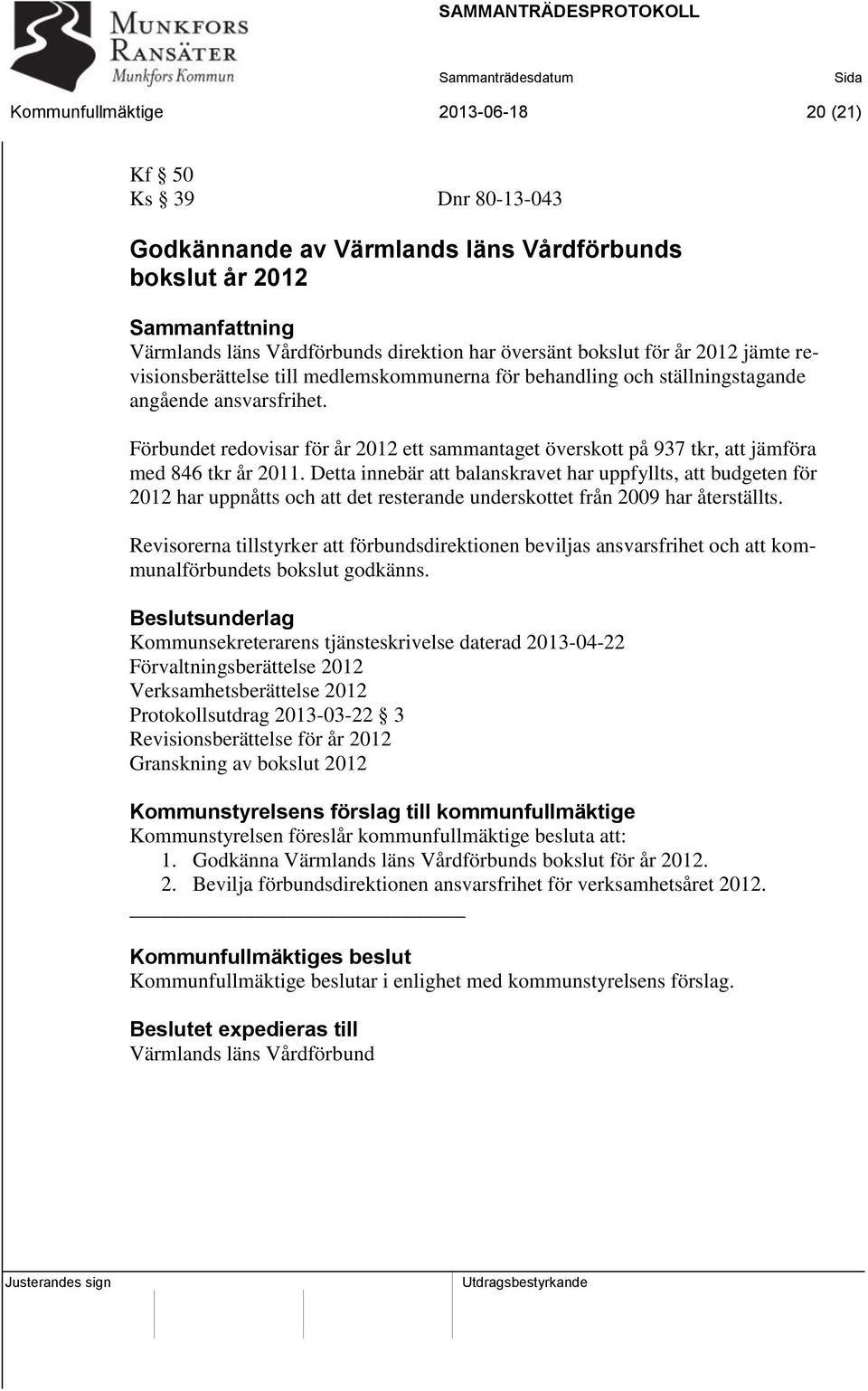 Förbundet redovisar för år 2012 ett sammantaget överskott på 937 tkr, att jämföra med 846 tkr år 2011.