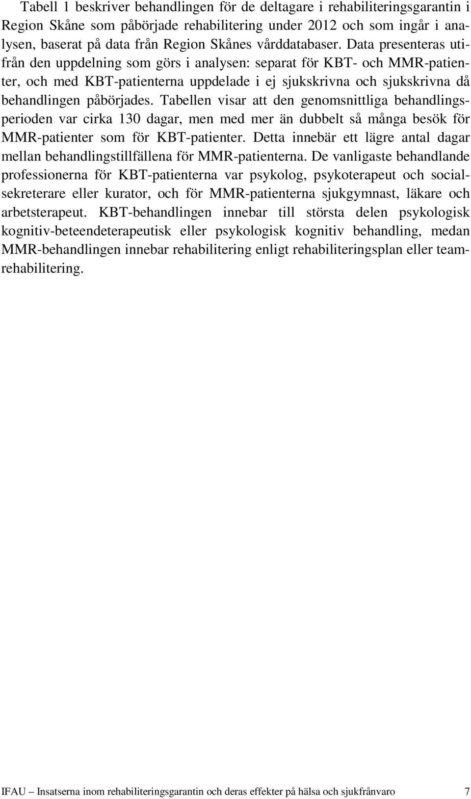 Data presenteras utifrån den uppdelning som görs i analysen: separat för KBT- och MMR-patienter, och med KBT-patienterna uppdelade i ej sjukskrivna och sjukskrivna då behandlingen påbörjades.