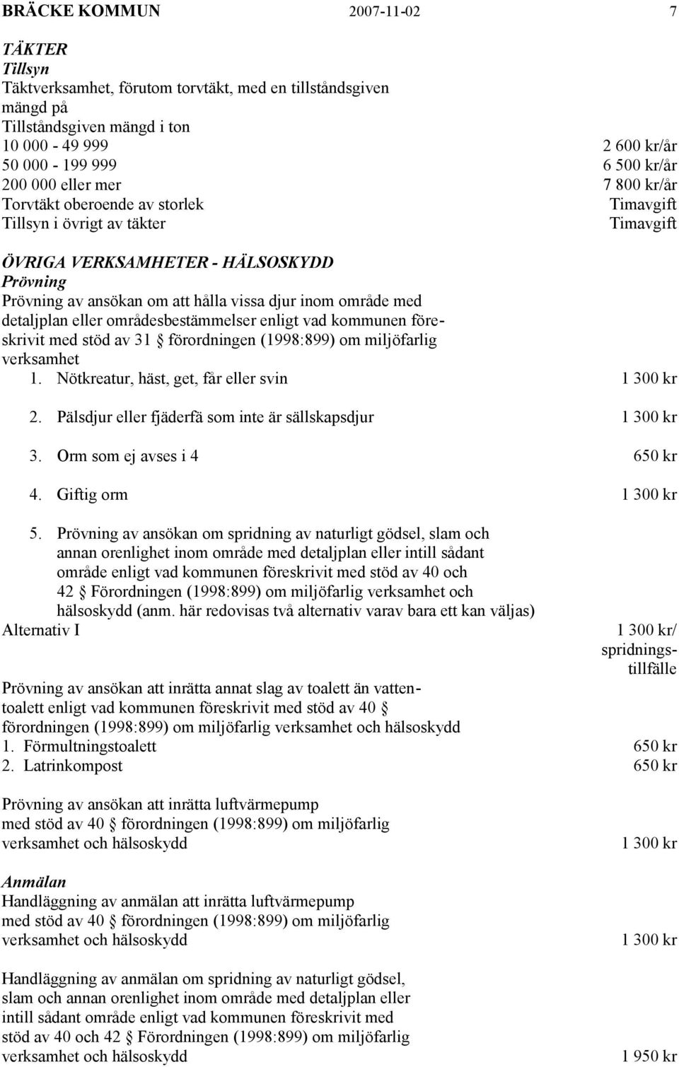 områdesbestämmelser enligt vad kommunen föreskrivit med stöd av 31 förordningen (1998:899) om miljöfarlig verksamhet 1. Nötkreatur, häst, get, får eller svin 1 300 kr 2.