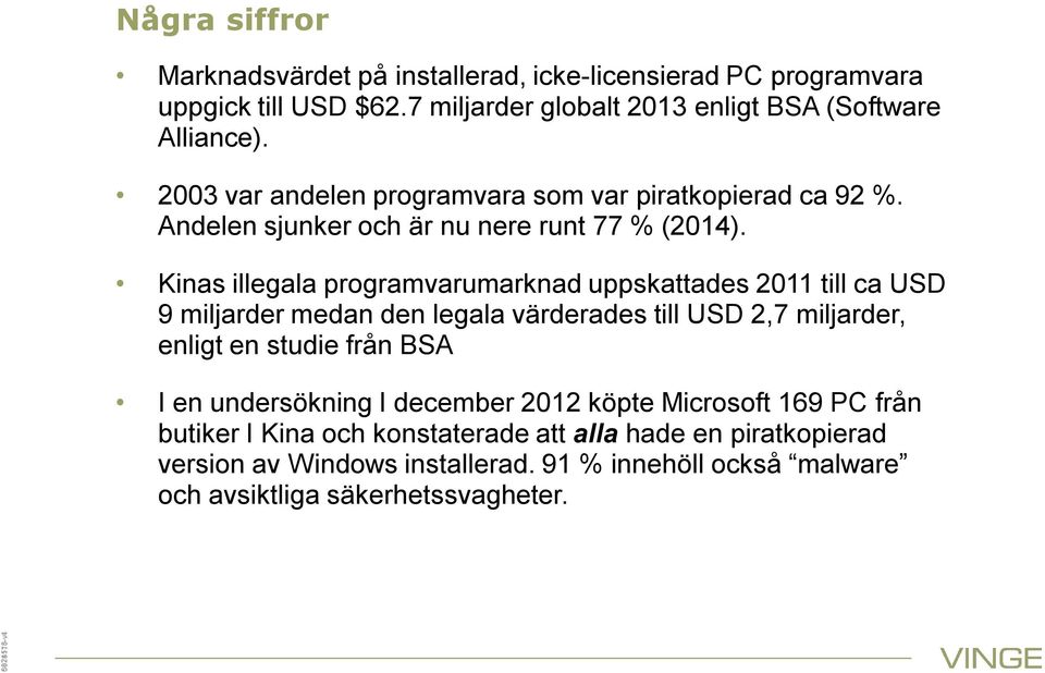 Kinas illegala programvarumarknad uppskattades 2011 till ca USD 9 miljarder medan den legala värderades till USD 2,7 miljarder, enligt en studie från BSA I en