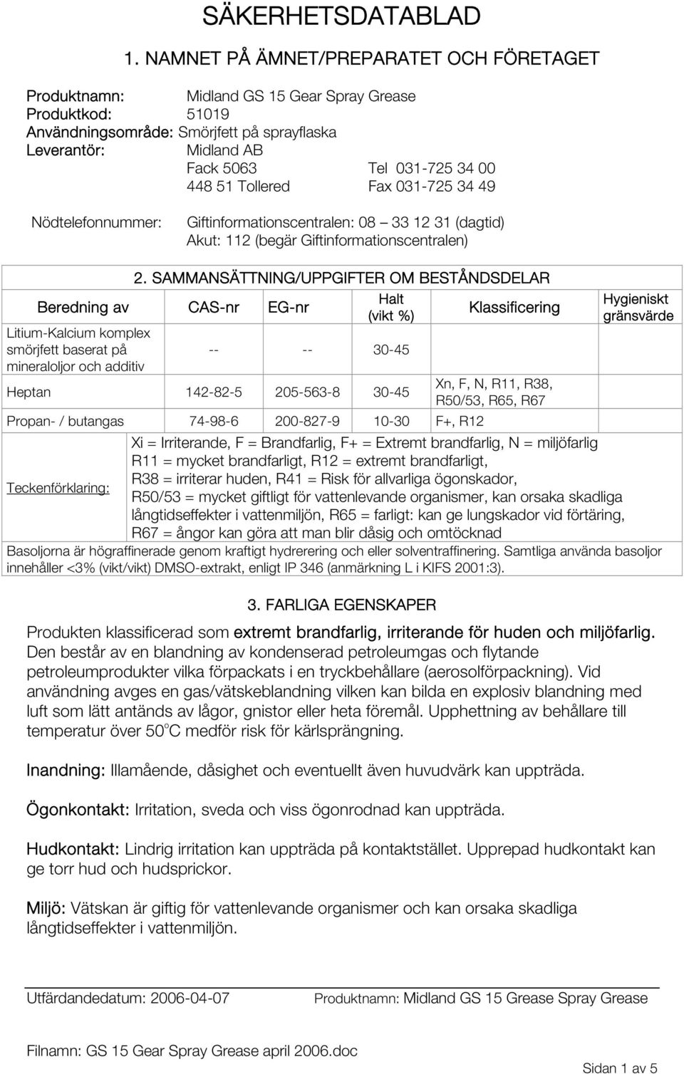 SAMMANSÄTTNING/UPPGIFTER OM BESTÅNDSDELAR Beredning av CAS-nr EG-nr Litium-Kalcium komplex smörjfett baserat på mineraloljor och additiv Halt (vikt %) -- -- 30-45 Heptan 142-82-5 205-563-8 30-45