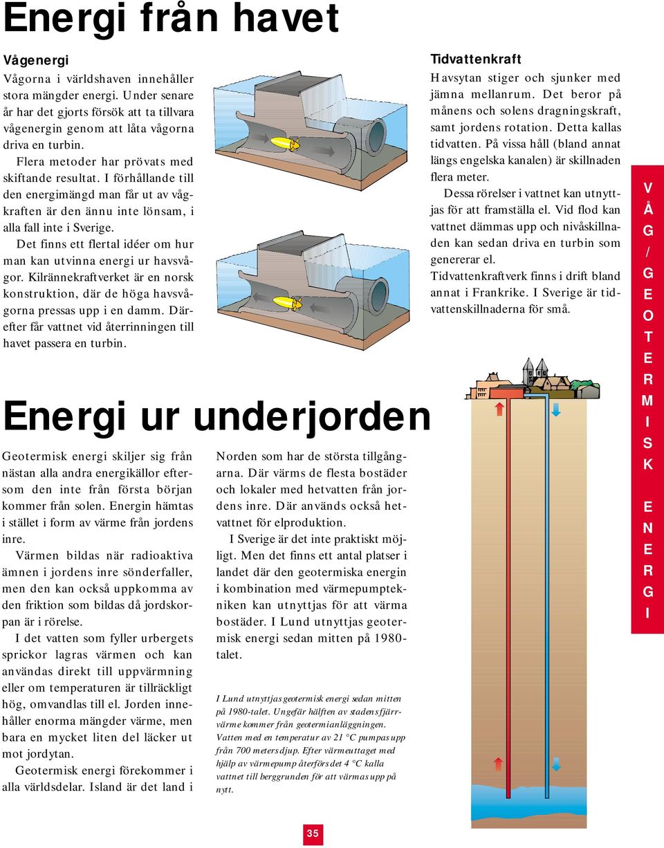 Det finns ett flertal idéer om hur man kan utvinna energi ur havsvågor. Kilrännekraftverket är en norsk konstruktion, där de höga havsvågorna pressas upp i en damm.