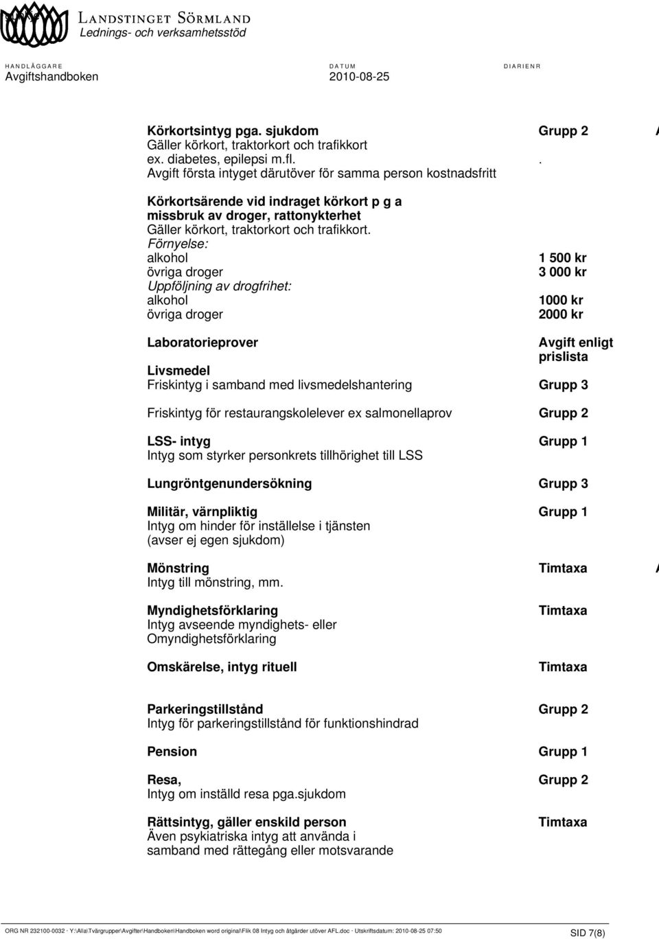 Förnyelse: alkohol övriga droger Uppföljning av drogfrihet: alkohol övriga droger 1 500 kr 3 000 kr 1000 kr 2000 kr Laboratorieprover Avgift enligt prislista Livsmedel Friskintyg i samband med