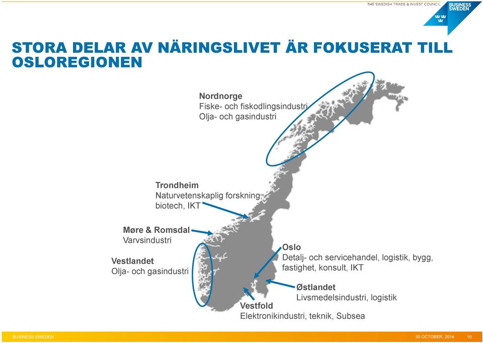 Vestlandet Olja- och gasindustri Oslo Detalj- och servicehandel, logistik, bygg, fastighet, konsult, IKT