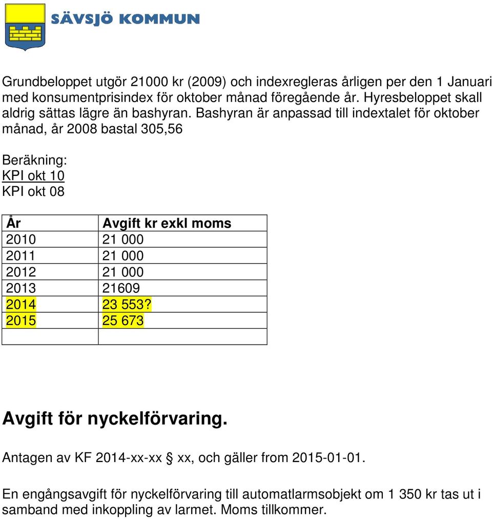 Bashyran är anpassad till indextalet för oktober månad, år 2008 bastal 305,56 Beräkning: KPI okt 10 KPI okt 08 År Avgift kr exkl moms 2010 21 000 2011