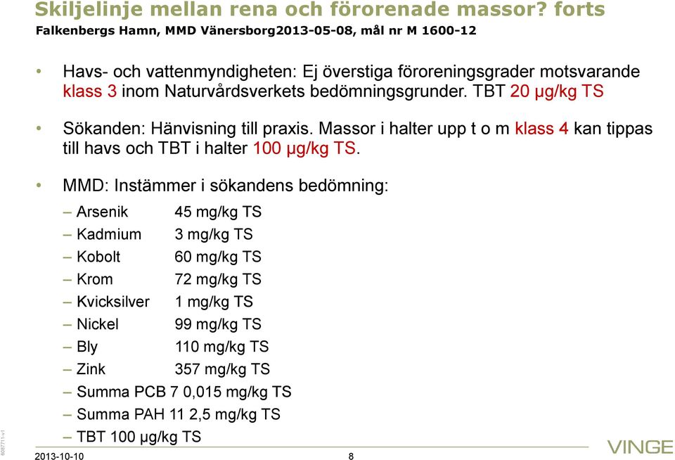 Naturvårdsverkets bedömningsgrunder. TBT 20 µg/kg TS Sökanden: Hänvisning till praxis.