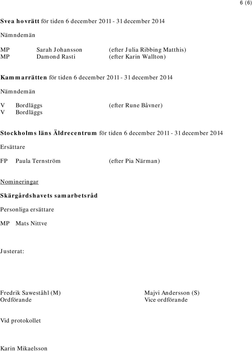 Stockholms läns Äldrecentrum för tiden 6 december 2011-31 december 2014 FP Paula Ternström (efter Pia Närman) Nomineringar Skärgårdshavets