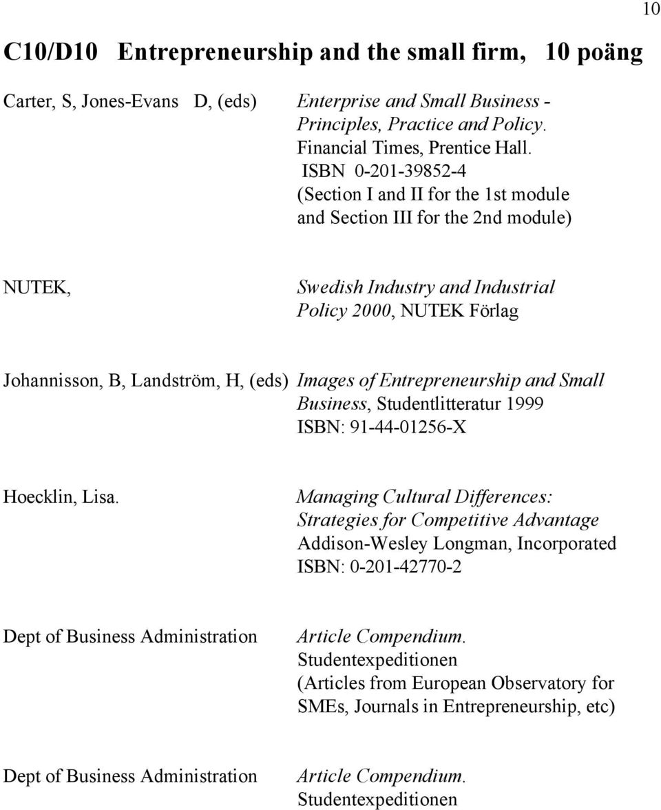 Images of Entrepreneurship and Small Business, Studentlitteratur 1999 ISBN: 91-44-01256-X Hoecklin, Lisa.