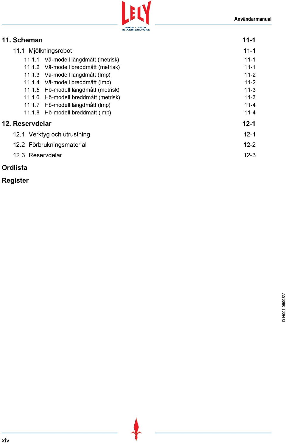 1.7 Hö-modell längdmått (lmp) 11-4 11.1.8 Hö-modell breddmått (lmp) 11-4 12. Reservdelar 12-1 12.