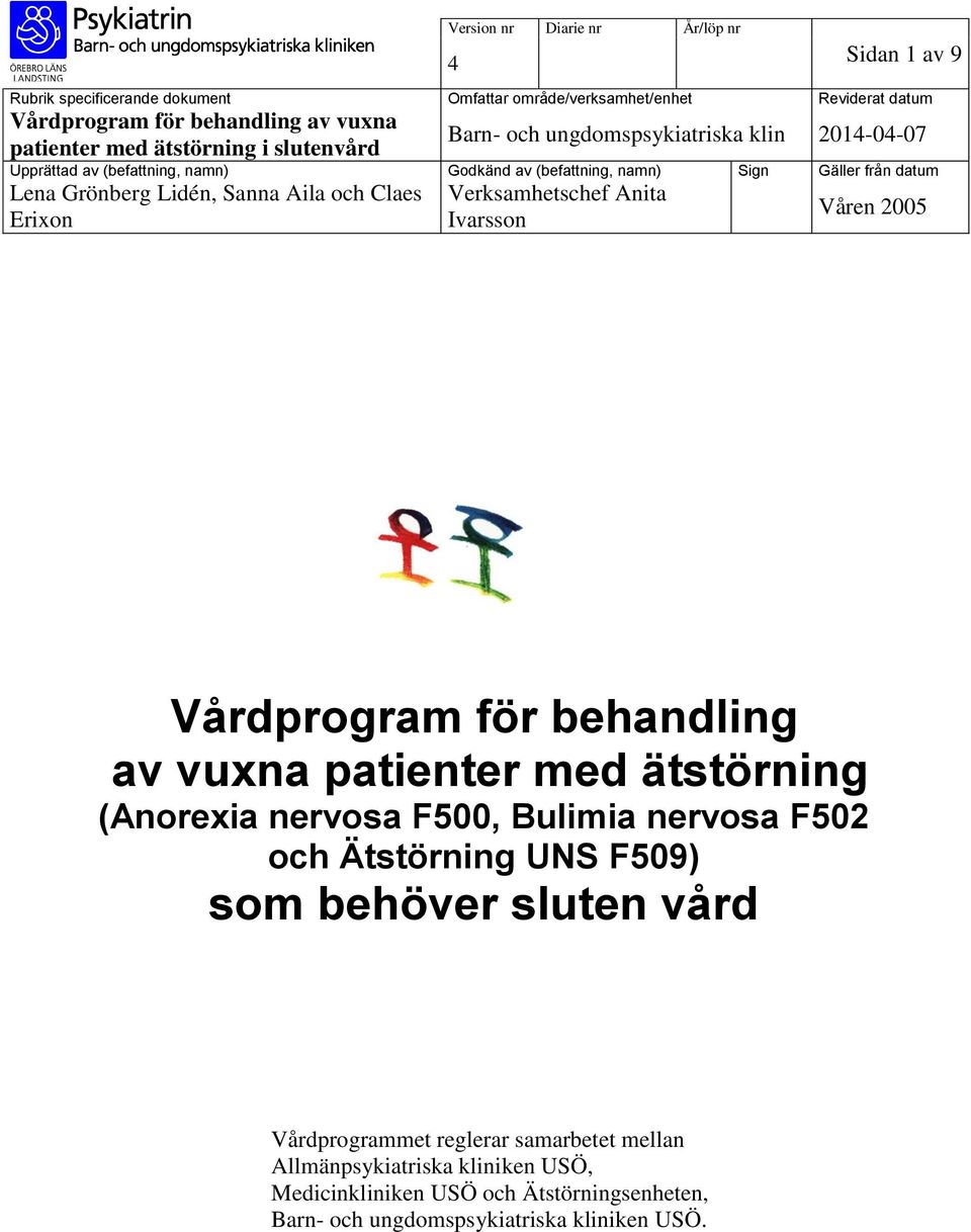 Ivarsson Våren 2005 Vårdprogram för behandling av vuxna patienter med ätstörning (Anorexia nervosa F500, Bulimia nervosa F502 och Ätstörning UNS F509) som behöver