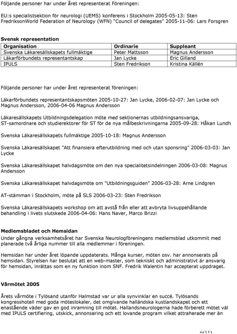 Lycke Eric Gilland IPULS Sten Fredrikson Kristina Källén Följande personer har under året representerat föreningen: Läkarförbundets representantskapsmöten 2005-10-27: Jan Lycke, 2006-02-07: Jan Lycke