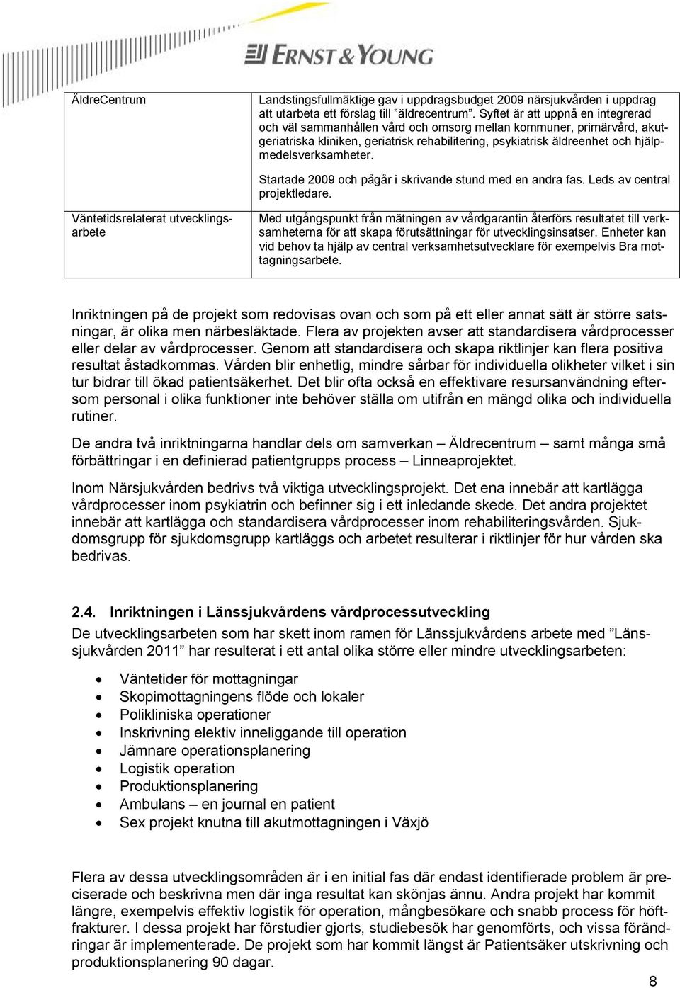 hjälpmedelsverksamheter. Startade 2009 och pågår i skrivande stund med en andra fas. Leds av central projektledare.