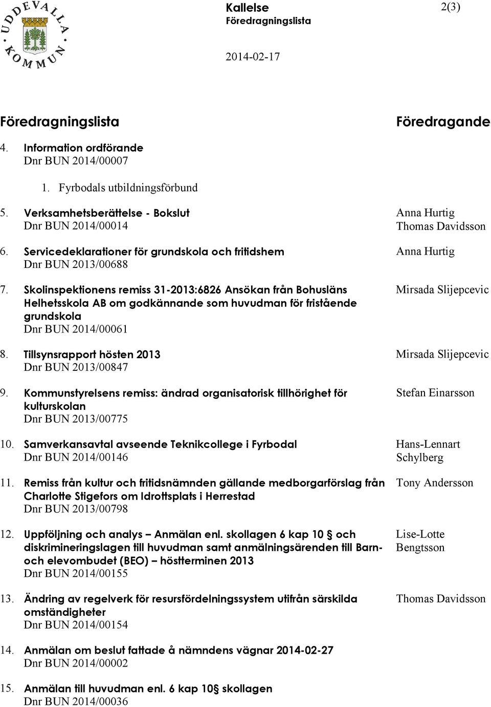 Skolinspektionens remiss 31-2013:6826 Ansökan från Bohusläns Helhetsskola AB om godkännande som huvudman för fristående grundskola Dnr BUN 2014/00061 8.