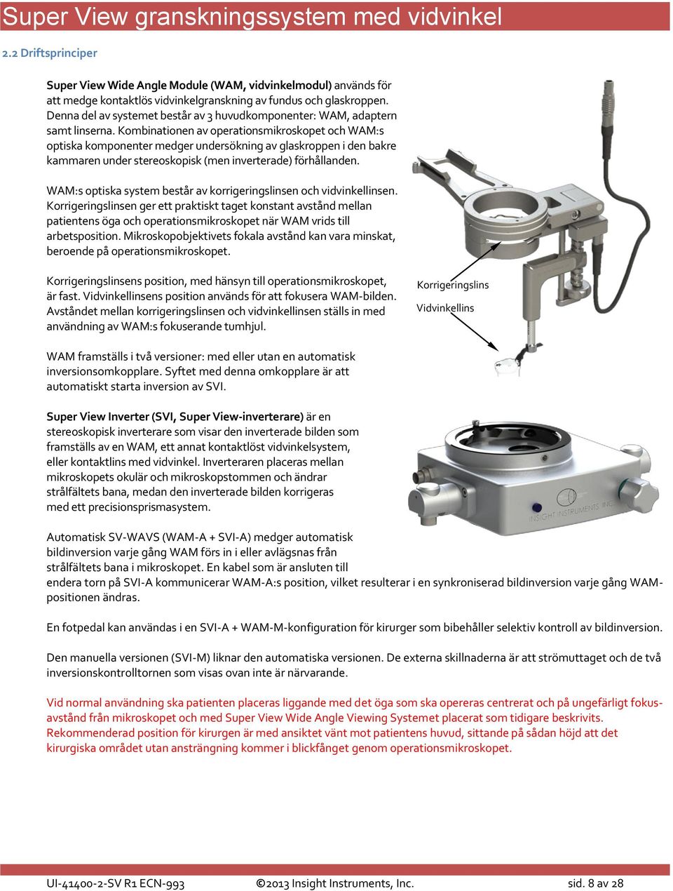 Kombinationen av operationsmikroskopet och WAM:s optiska komponenter medger undersökning av glaskroppen i den bakre kammaren under stereoskopisk (men inverterade) förhållanden.