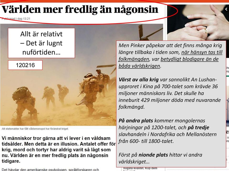 Värst av alla krig var sannolikt An Lushanupproret i Kina på 700-talet som krävde 36 miljoner människors liv.