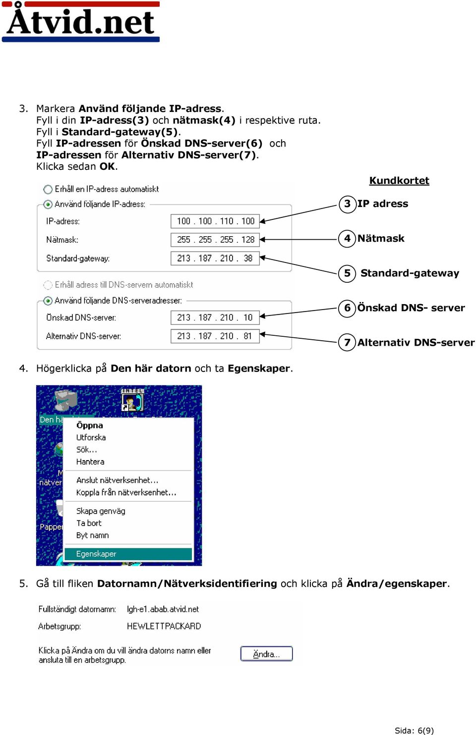 Klicka sedan OK. 3 IP adress 4 Nätmask 5 Standard-gateway 6 Önskad DNS- server 7 Alternativ DNS-server 4.