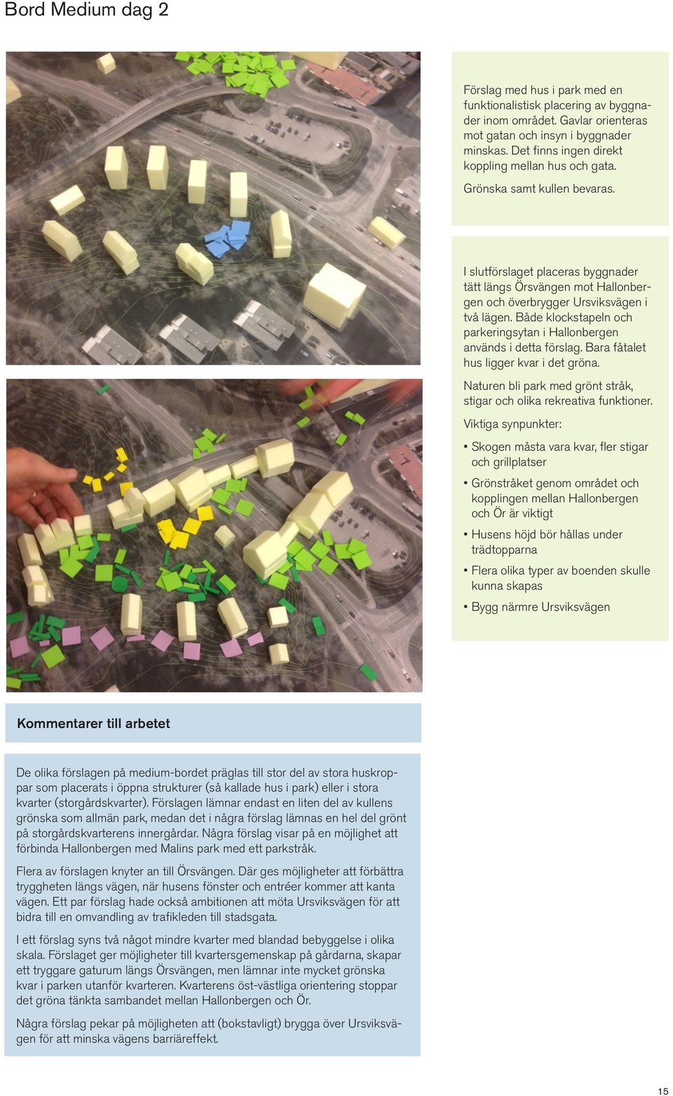 Både klockstapeln och parkeringsytan i Hallonbergen används i detta förslag. Bara fåtalet hus ligger kvar i det gröna. Naturen bli park med grönt stråk, stigar och olika rekreativa funktioner.