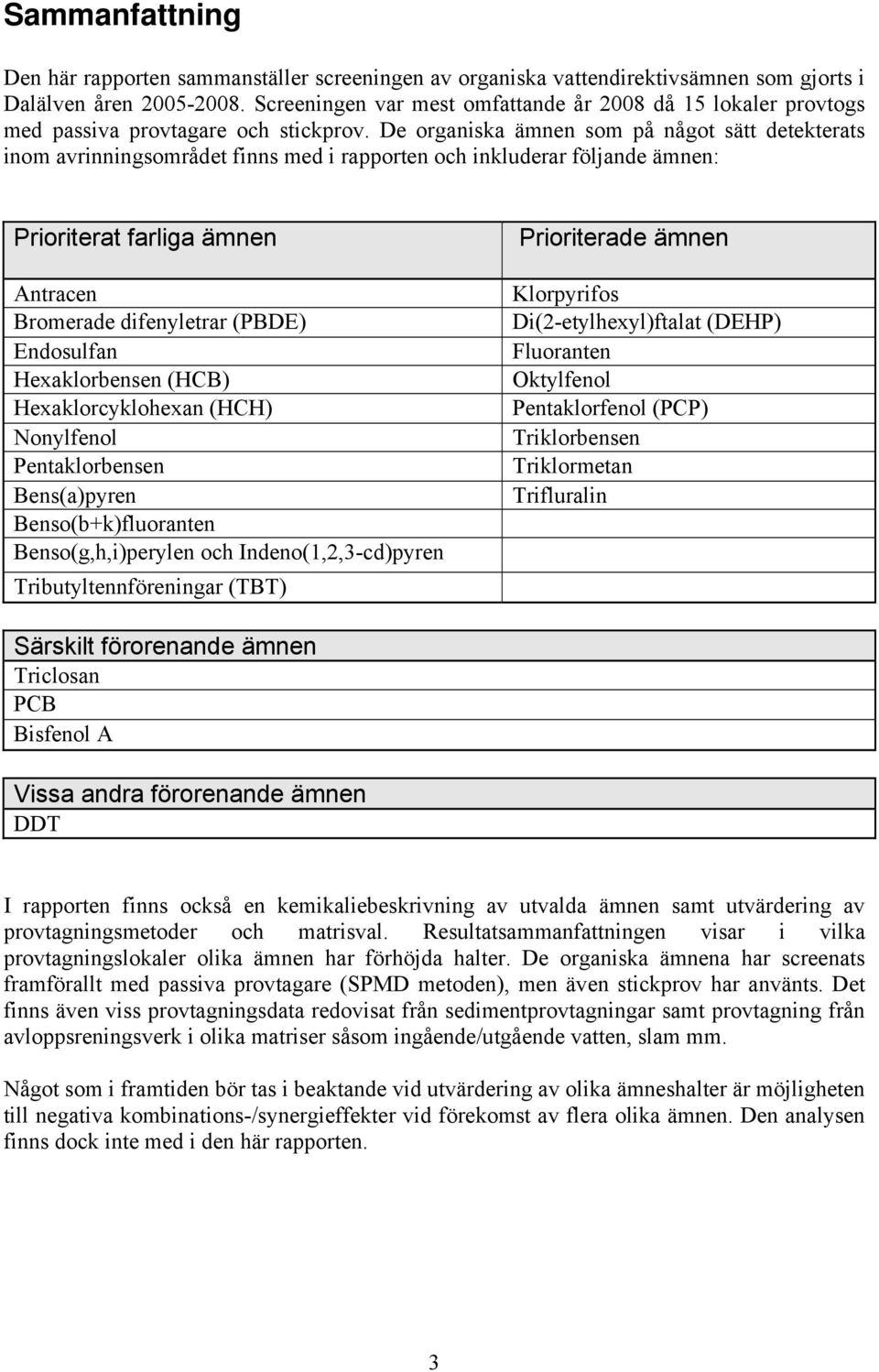 De organiska ämnen som på något sätt detekterats inom avrinningsområdet finns med i rapporten och inkluderar följande ämnen: Prioriterat farliga ämnen Antracen Bromerade difenyletrar (PBDE)