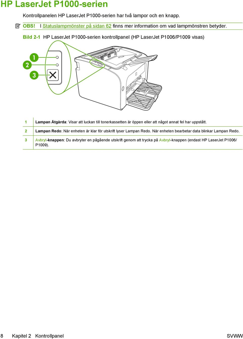 Bild 2-1 HP LaserJet P1000-serien kontrollpanel (HP LaserJet P1006/P1009 visas) 1 Lampan Åtgärda: Visar att luckan till tonerkassetten är öppen eller att