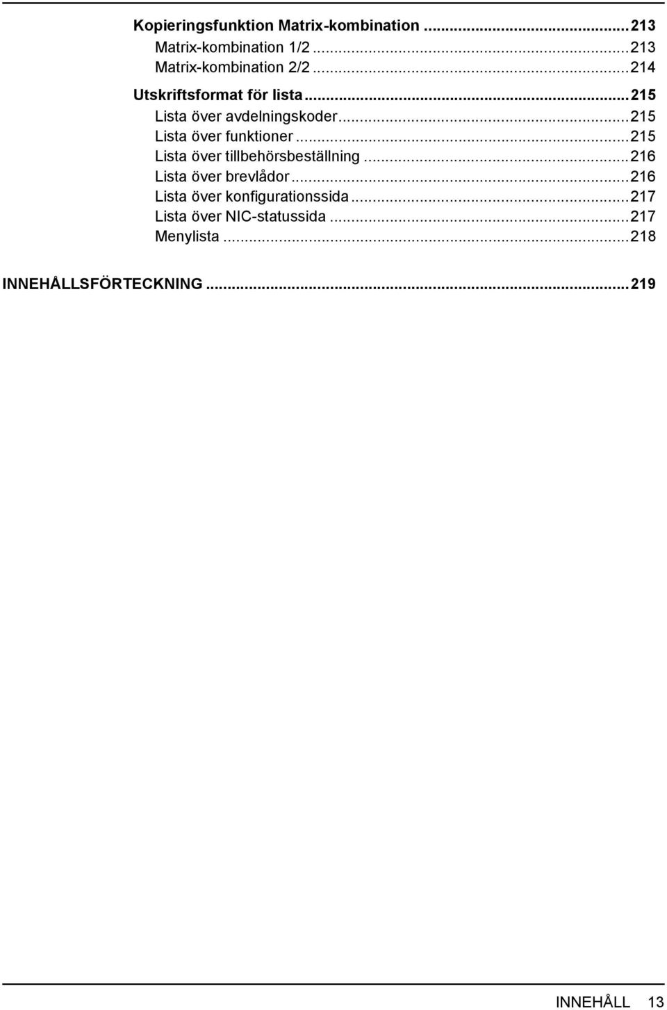 ..215 Lista över tillbehörsbeställning...216 Lista över brevlådor.