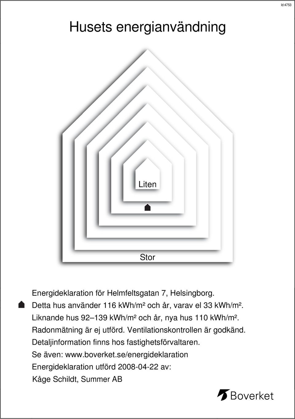 Liknande hus 92 39 kwh/m² och år, nya hus 0 kwh/m². Radonmätning är ej utförd.